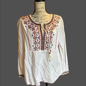 FAHERTY Tula Embroidered Long Sleeve Cotton Linen Top in White, Size M